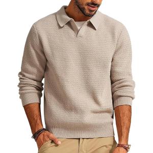 PJ PAUL JONES Mens Sweater V Neck Pullover Sweater Long Sleeve Cable Knit Textured Sweater(Beige)