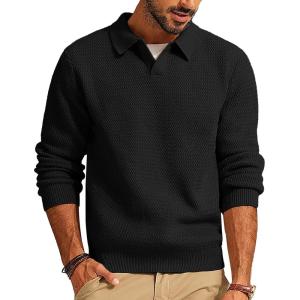 PJ PAUL JONES Mens Sweater V Neck Pullover Sweater Long Sleeve Cable Knit Textured Sweater(Black)