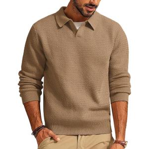 PJ PAUL JONES Mens Sweater V Neck Pullover Sweater Long Sleeve Cable Knit Textured Sweater(Camel)