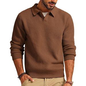PJ PAUL JONES Mens Sweater V Neck Pullover Sweater Long Sleeve Cable Knit Textured Sweater(Coffee)