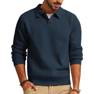 PJ PAUL JONES Mens Sweater V Neck Pullover Sweater Long Sleeve Cable Knit Textured Sweater(Dark Blue)
