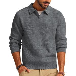 PJ PAUL JONES Mens Sweater V Neck Pullover Sweater Long Sleeve Cable Knit Textured Sweater(Dark Grey)