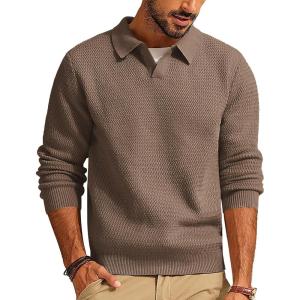 PJ PAUL JONES Mens Sweater V Neck Pullover Sweater Long Sleeve Cable Knit Textured Sweater(Khaqi)