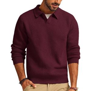 PJ PAUL JONES Mens Sweater V Neck Pullover Sweater Long Sleeve Cable Knit Textured Sweater(Wine)