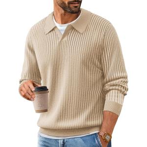 PJ PAUL JONES Mens Sweater V Neck Slim Fit Pullover Sweater Ribbed Textured Polo Sweaters(Apricot)