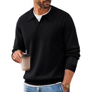 PJ PAUL JONES Mens Sweater V Neck Slim Fit Pullover Sweater Ribbed Textured Polo Sweaters(Black)