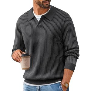 PJ PAUL JONES Mens Sweater V Neck Slim Fit Pullover Sweater Ribbed Textured Polo Sweaters(Dark Grey)