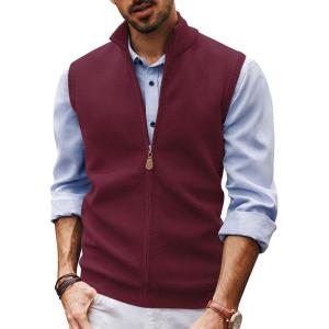 PJ PAUL JONES Mens Sweater Vest Full-Up Knitted Vests Casual Stand Collar Vests Sweater(Burgundy)