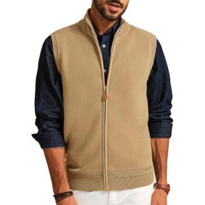 PJ PAUL JONES Mens Sweater Vest Full-Up Knitted Vests Casual Stand Collar Vests Sweater(Camel)