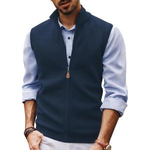 PJ PAUL JONES Mens Sweater Vest Full-Up Knitted Vests Casual Stand Collar Vests Sweater(Dark Blue)