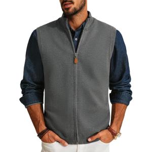 PJ PAUL JONES Mens Sweater Vest Full-Up Knitted Vests Casual Stand Collar Vests Sweater(Grey)