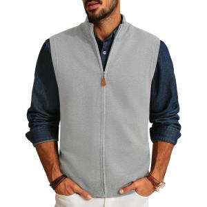 PJ PAUL JONES Mens Sweater Vest Full-Up Knitted Vests Casual Stand Collar Vests Sweater(Light Grey)