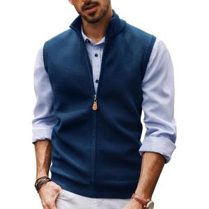 PJ PAUL JONES Mens Sweater Vest Full-Up Knitted Vests Casual Stand Collar Vests Sweater(Navy Blue)