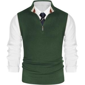 PJ PAUL JONES Mens Sweater Vest Quarter Zip Vest Sweater Stand Collar Contrast Stripes Pullover Knitwear Vest(Army Green)