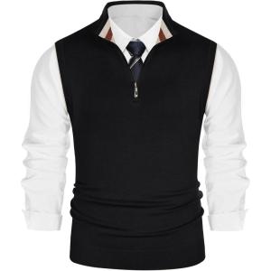 PJ PAUL JONES Mens Sweater Vest Quarter Zip Vest Sweater Stand Collar Contrast Stripes Pullover Knitwear Vest(Black)