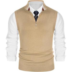 PJ PAUL JONES Mens Sweater Vest Quarter Zip Vest Sweater Stand Collar Contrast Stripes Pullover Knitwear Vest(Camel)