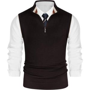PJ PAUL JONES Mens Sweater Vest Quarter Zip Vest Sweater Stand Collar Contrast Stripes Pullover Knitwear Vest(Coffee)