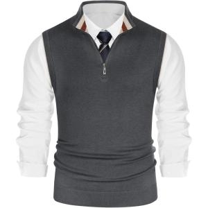 PJ PAUL JONES Mens Sweater Vest Quarter Zip Vest Sweater Stand Collar Contrast Stripes Pullover Knitwear Vest(Drak Grey)