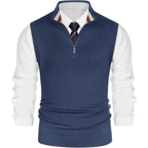 PJ PAUL JONES Mens Sweater Vest Quarter Zip Vest Sweater Stand Collar Contrast Stripes Pullover Knitwear Vest(Grey Blue)