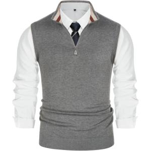 PJ PAUL JONES Mens Sweater Vest Quarter Zip Vest Sweater Stand Collar Contrast Stripes Pullover Knitwear Vest(Light Grey)