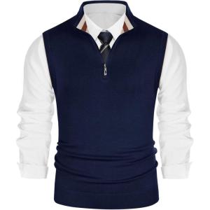 PJ PAUL JONES Mens Sweater Vest Quarter Zip Vest Sweater Stand Collar Contrast Stripes Pullover Knitwear Vest(Navy Blue)