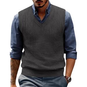PJ PAUL JONES Mens Sweater Vest V Neck Cable Knitted Casual Sleeveless Pullover Sweaters(Black Grey)
