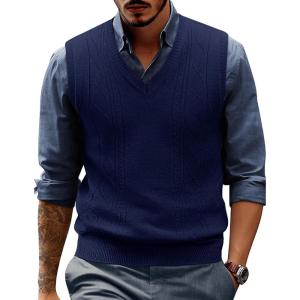 PJ PAUL JONES Mens Sweater Vest V Neck Cable Knitted Casual Sleeveless Pullover Sweaters(Blue)