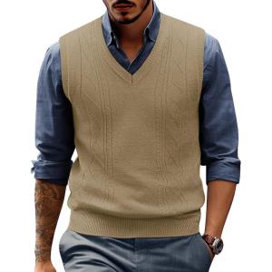 PJ PAUL JONES Mens Sweater Vest V Neck Cable Knitted Casual Sleeveless Pullover Sweaters(Camel)