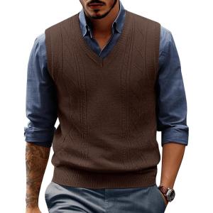PJ PAUL JONES Mens Sweater Vest V Neck Cable Knitted Casual Sleeveless Pullover Sweaters(Coffee)