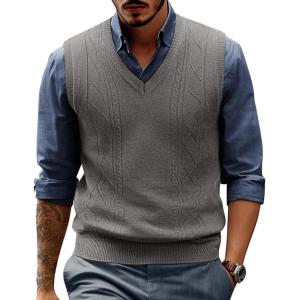 PJ PAUL JONES Mens Sweater Vest V Neck Cable Knitted Casual Sleeveless Pullover Sweaters(Dark Grey)