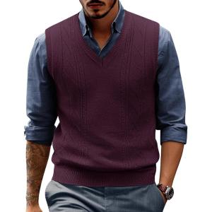 PJ PAUL JONES Mens Sweater Vest V Neck Cable Knitted Casual Sleeveless Pullover Sweaters(Dark Purple)