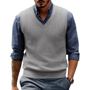 PJ PAUL JONES Mens Sweater Vest V Neck Cable Knitted Casual Sleeveless Pullover Sweaters(Grey)