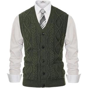 PJ PAUL JONES Men’s Sweater Vest V-Neck Sleeveless Cable Knitted Cardigan Vest(Army Green)