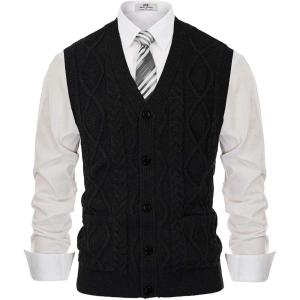 PJ PAUL JONES Men’s Sweater Vest V-Neck Sleeveless Cable Knitted Cardigan Vest(Black-1)