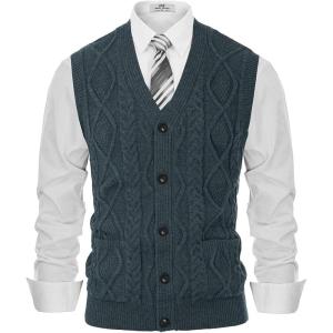 PJ PAUL JONES Men’s Sweater Vest V-Neck Sleeveless Cable Knitted Cardigan Vest(Blue)