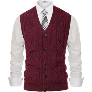 PJ PAUL JONES Men’s Sweater Vest V-Neck Sleeveless Cable Knitted Cardigan Vest(Burgundy)