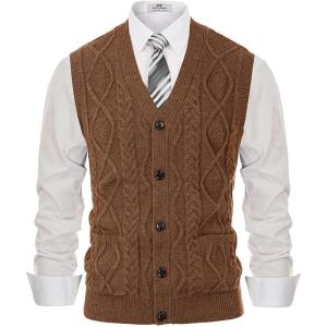 PJ PAUL JONES Men’s Sweater Vest V-Neck Sleeveless Cable Knitted Cardigan Vest(Camel)