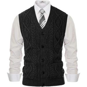 PJ PAUL JONES Men’s Sweater Vest V-Neck Sleeveless Cable Knitted Cardigan Vest(Charcoal)