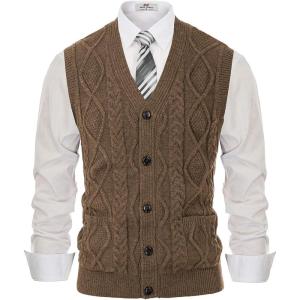 PJ PAUL JONES Men’s Sweater Vest V-Neck Sleeveless Cable Knitted Cardigan Vest(Coffee)