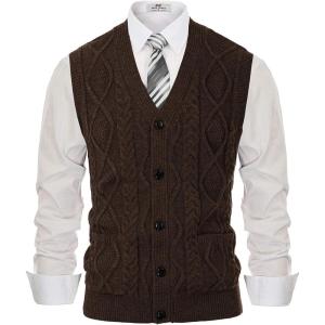 PJ PAUL JONES Men’s Sweater Vest V-Neck Sleeveless Cable Knitted Cardigan Vest(Dark Coffee)