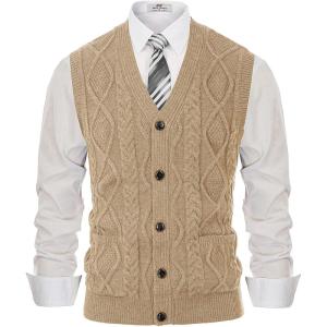PJ PAUL JONES Men’s Sweater Vest V-Neck Sleeveless Cable Knitted Cardigan Vest(Khaki)