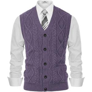 PJ PAUL JONES Men’s Sweater Vest V-Neck Sleeveless Cable Knitted Cardigan Vest(Purple)