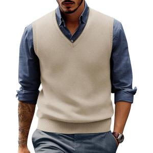 PJ PAUL JONES Mens Sweater Vest Wool Blended Knitted Vest Sweaters V-Neck Sleeveless Pullover Vests(Apricot)