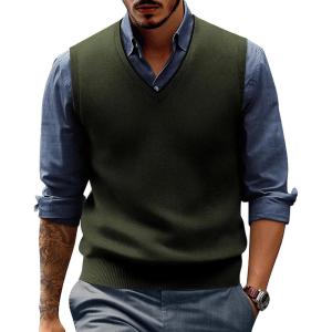 PJ PAUL JONES Mens Sweater Vest Wool Blended Knitted Vest Sweaters V-Neck Sleeveless Pullover Vests(Army Green)