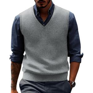 PJ PAUL JONES Mens Sweater Vest Wool Blended Knitted Vest Sweaters V-Neck Sleeveless Pullover Vests(Light Gray)
