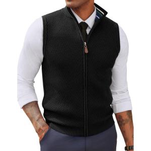 PJ PAUL JONES Men’s Sweater Vests Slim Fit Twill Textured Full Zip Sleeveless Vests Casual Outwear(Black)