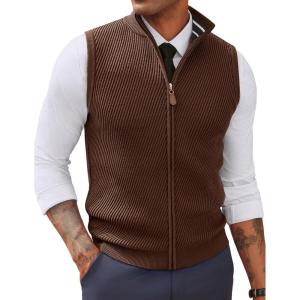 PJ PAUL JONES Men’s Sweater Vests Slim Fit Twill Textured Full Zip Sleeveless Vests Casual Outwear(Coffee)