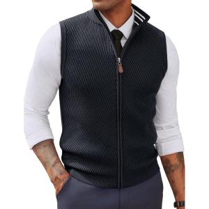 PJ PAUL JONES Men’s Sweater Vests Slim Fit Twill Textured Full Zip Sleeveless Vests Casual Outwear(Dark Grey)