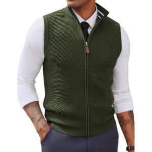 PJ PAUL JONES Men’s Sweater Vests Slim Fit Twill Textured Full Zip Sleeveless Vests Casual Outwear(Green)
