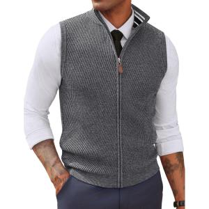PJ PAUL JONES Men’s Sweater Vests Slim Fit Twill Textured Full Zip Sleeveless Vests Casual Outwear(Light Grey)